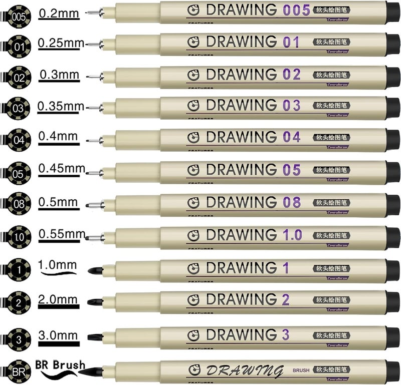 AKUBLE Drawing Pens Micro Fineliner Art Pens: 12 Black Fine Line Markers Art Supplies Adults Artist Sketch Waterproof Archival Ink Watercolor Inking Fine Liner Manga Sketching Zentangle Stuff Micron Pen Set - Image 2